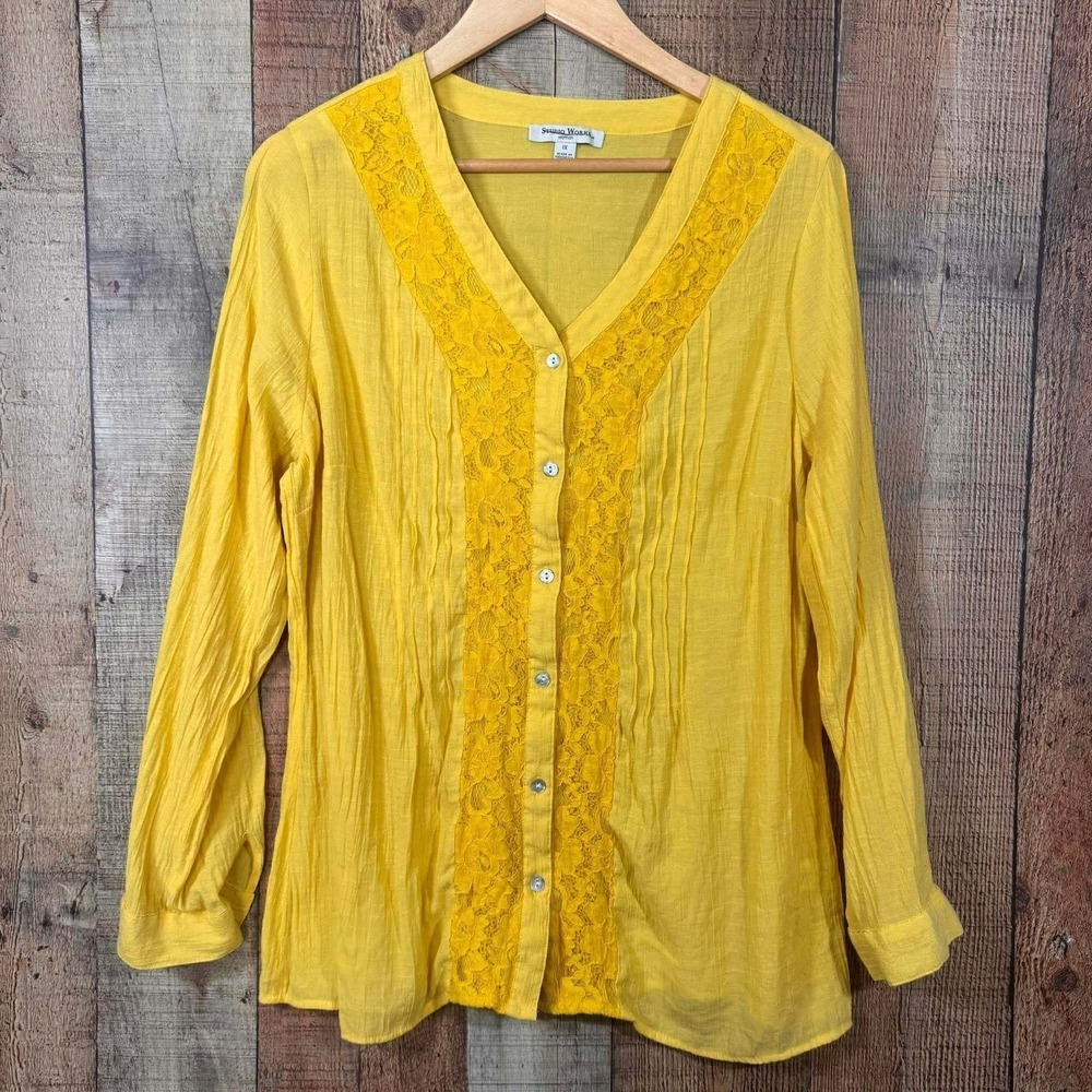 Studio Works Yellow Lace Boho Blouse 1X Plus Gauzy Pintuck Top Dopamine